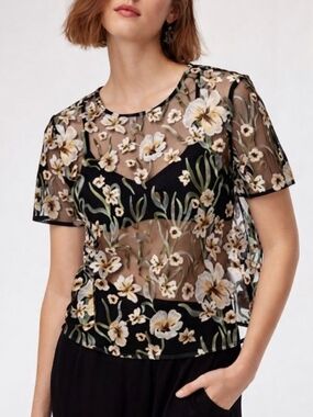 Aritzia Little Moon Black Sheer Floral Embroidered Short Sleeve Top